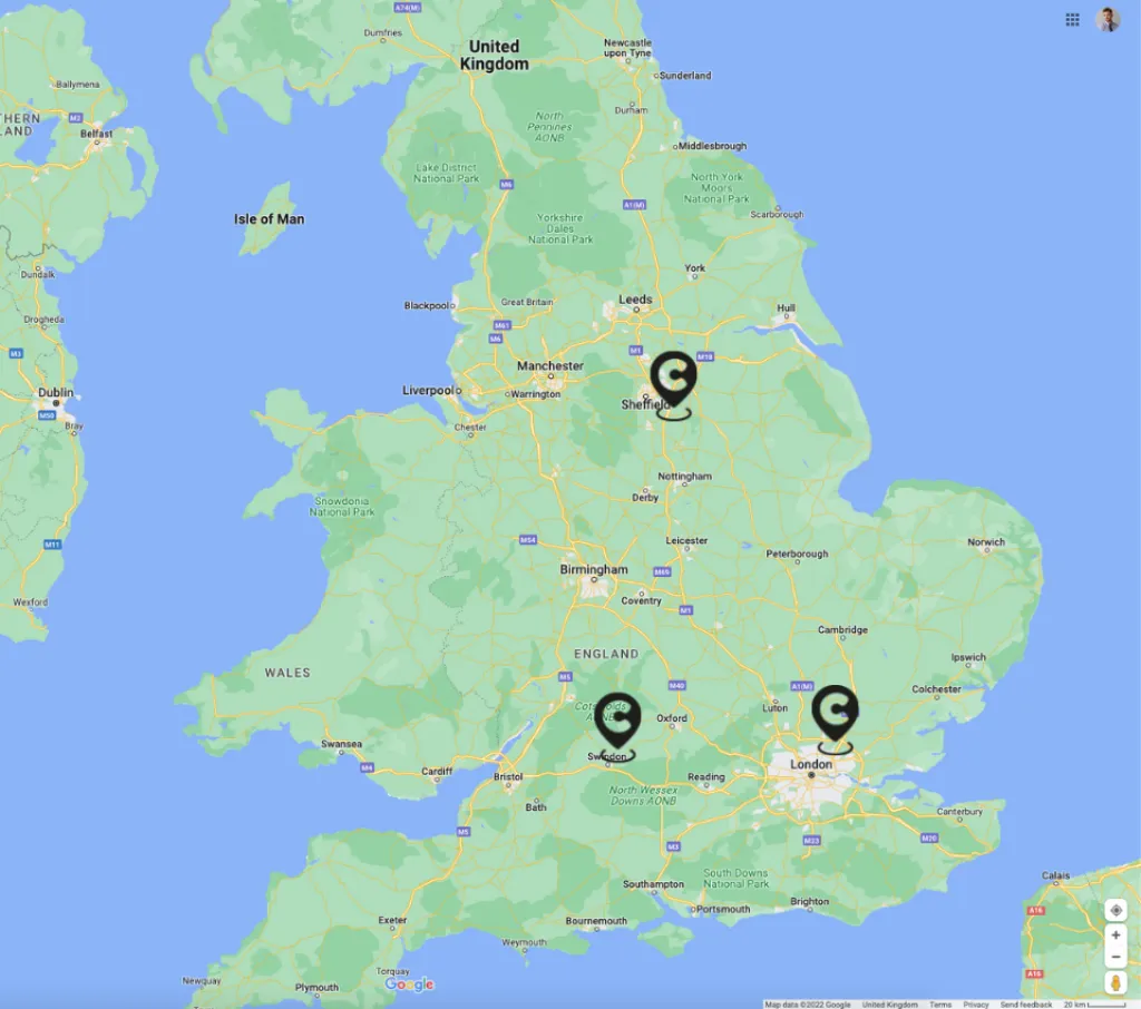 Map of England showing marked locations in Sheffield, London, and near Swindon.