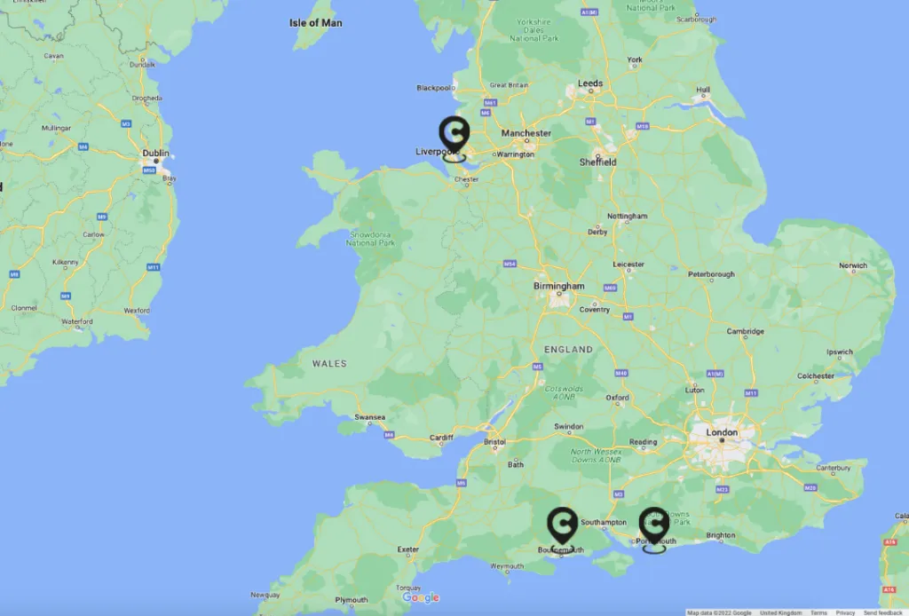 UK map highlighting Liverpool, Bournemouth, and Portsmouth with location markers.