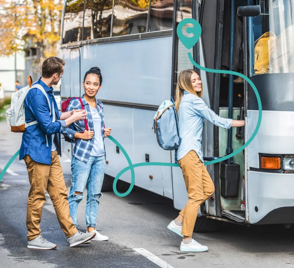 Young travelers boarding a coach with backpacks on city street, overlaid with Coachhop branding.