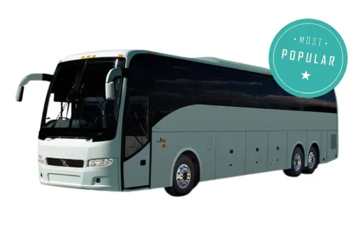Luxury coach bus with tinted windows labeled most popular for group travel.