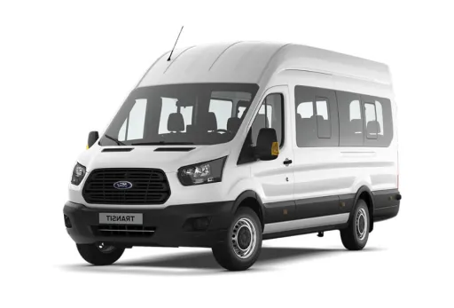 White Ford Transit passenger van with black trim, side view on white background.