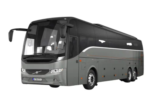 Modern grey coach with tinted windows, designed for long-distance travel.