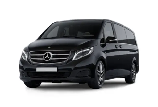Black Mercedes-Benz luxury mpv minibus with tinted windows, ideal for executive travel.